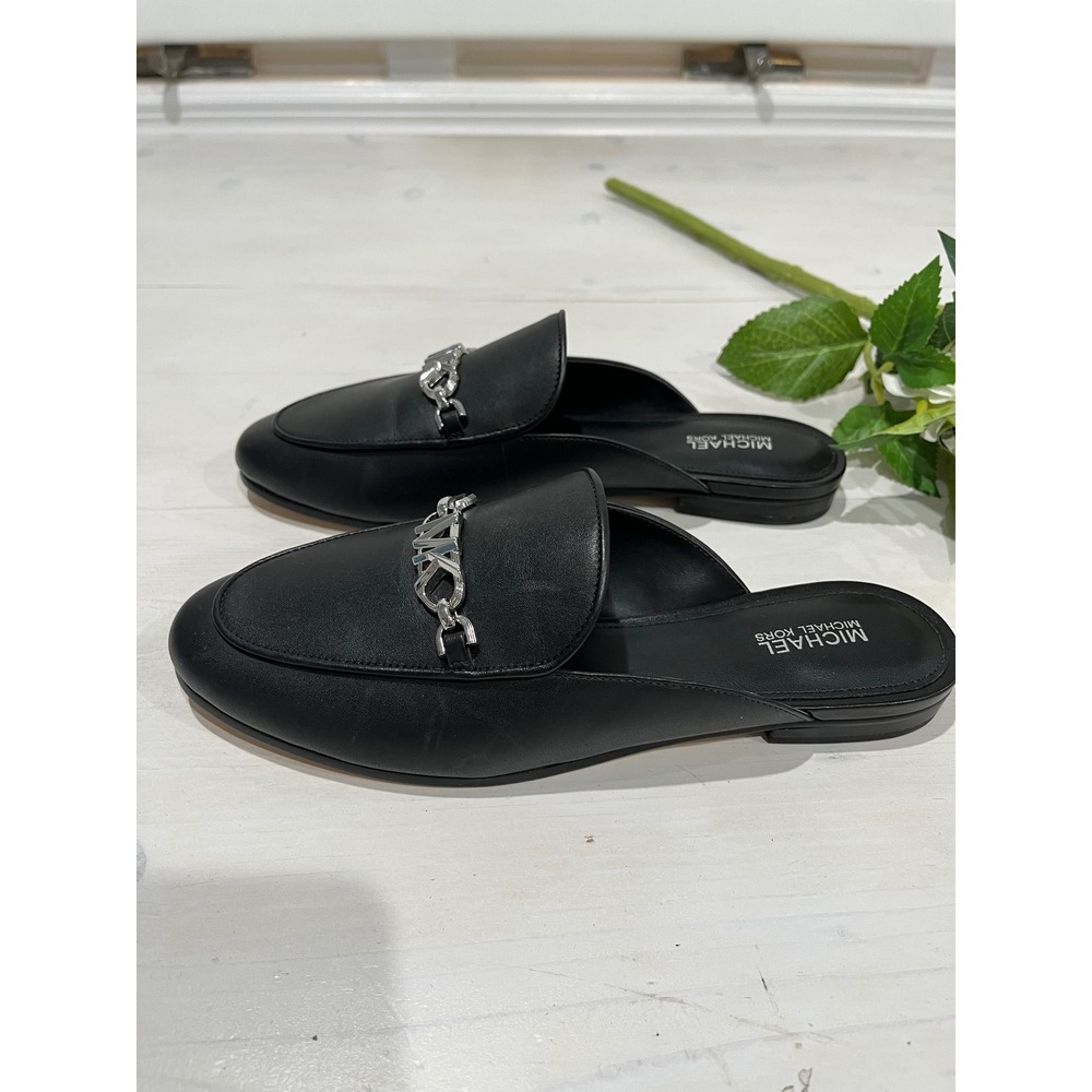 NEW Michael Kors Black Leather Mules Slides Loafers Size 6M Silver MK Chain - Picture 6 of 7